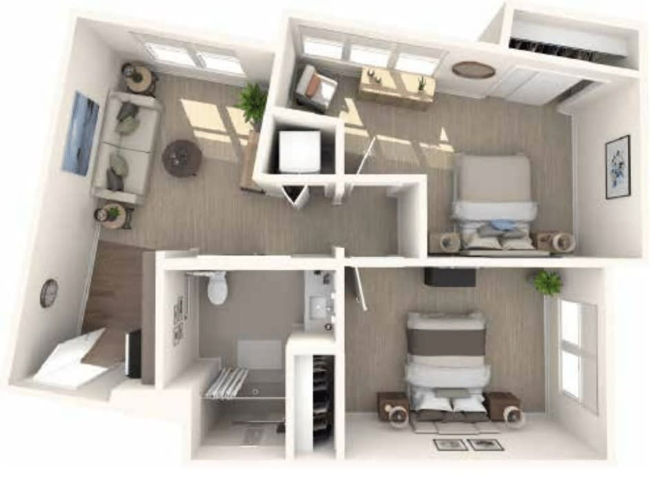 A detailed floor plan of a modern apartment featuring a living room, kitchen, bedroom, and bathroom.