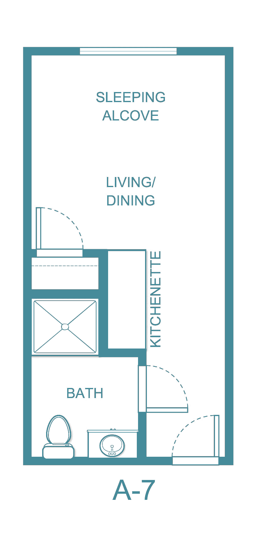 Studio apartment floor plan with living/dining area, kitchenette, and bathroom.