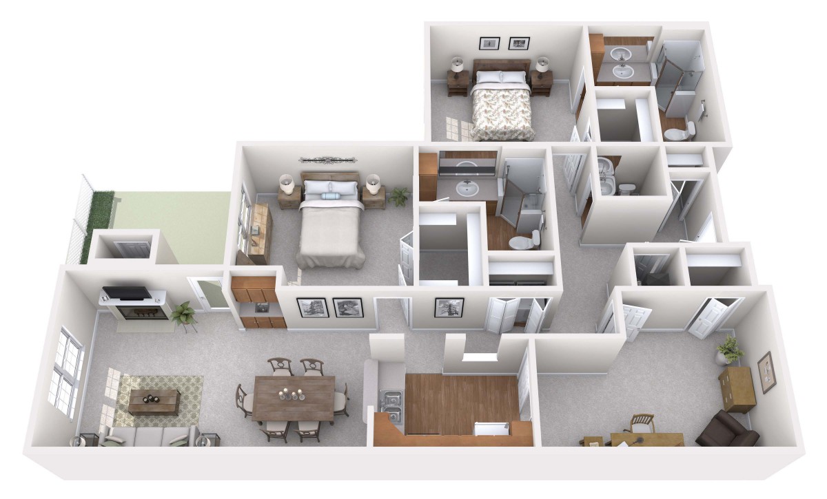 A 3D floor plan showcasing a spacious apartment with multiple bedrooms, bathrooms, and open living areas.