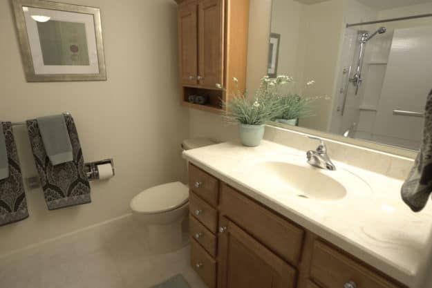 A clean and modern bathroom with a wooden cabinet, a large mirror, and decorative elements.