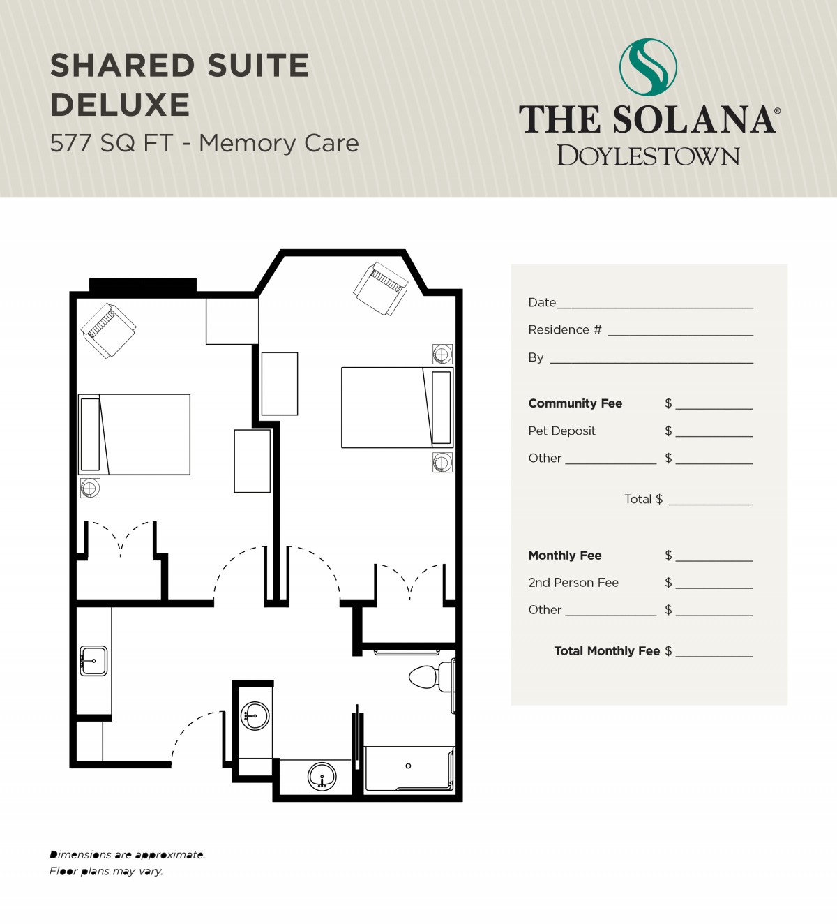 Floor plan of a shared suite deluxe room for nursing care at The Solana Doylestown.
