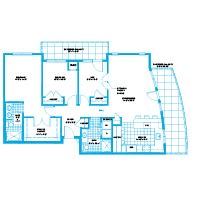 Blueprint of an apartment floor plan with multiple rooms and a balcony.