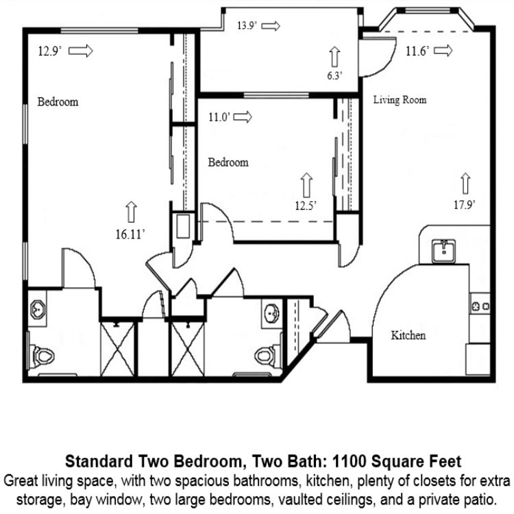Floor plan of a standard two-bedroom, two-bathroom apartment with 1100 square feet, featuring a large living room, spacious kitchen, and private patio.