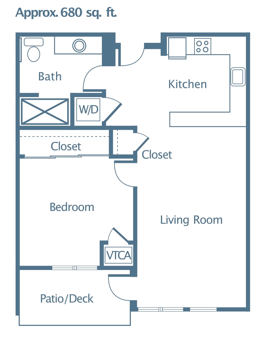 Floor plan of a one-bedroom apartment featuring a kitchen, living room, bathroom, and patio.