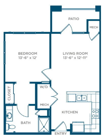 A floor plan of a one-bedroom apartment with a living room, kitchen, and patio.