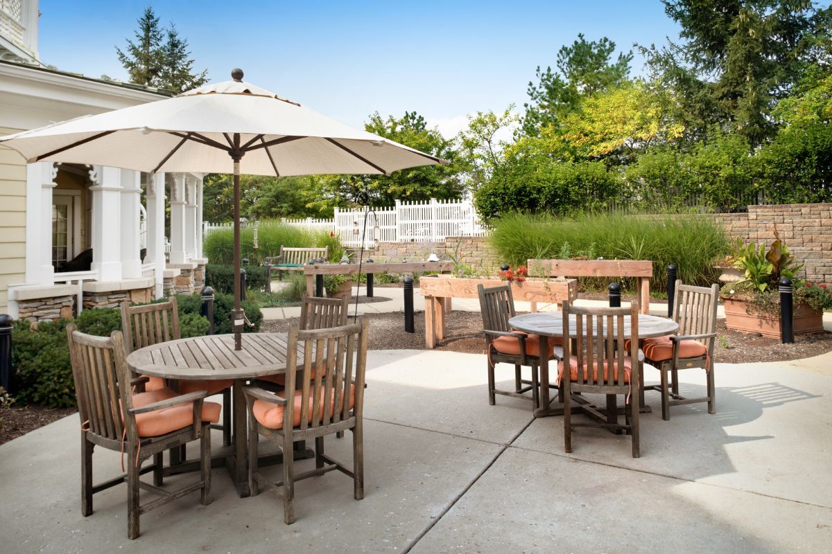 A sunny outdoor patio with tables, chairs, and umbrellas surrounded by greenery.