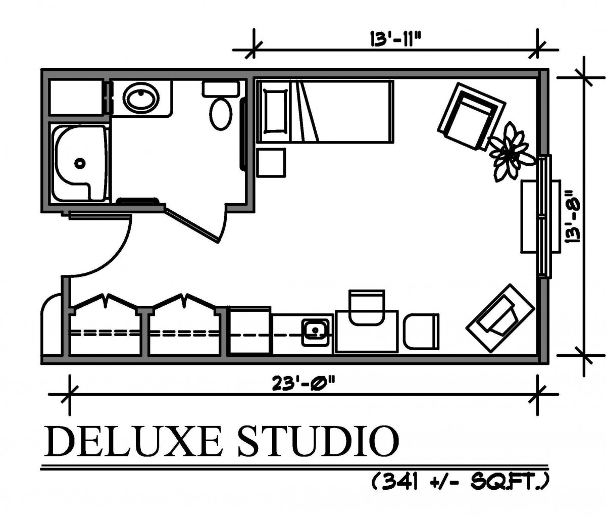 Layout of a deluxe studio apartment with dimensions.