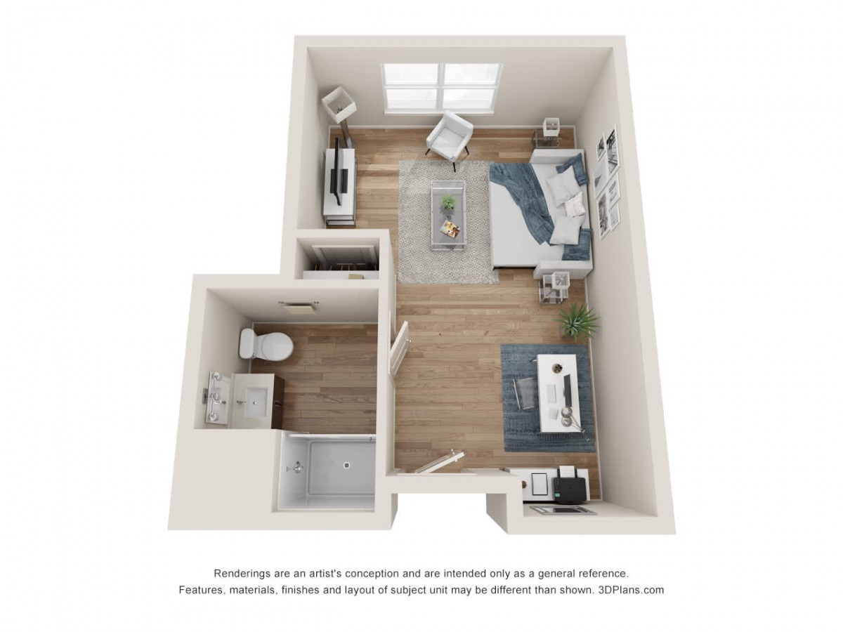 A 3D floor plan of a small apartment featuring a bedroom, bathroom, and living area.