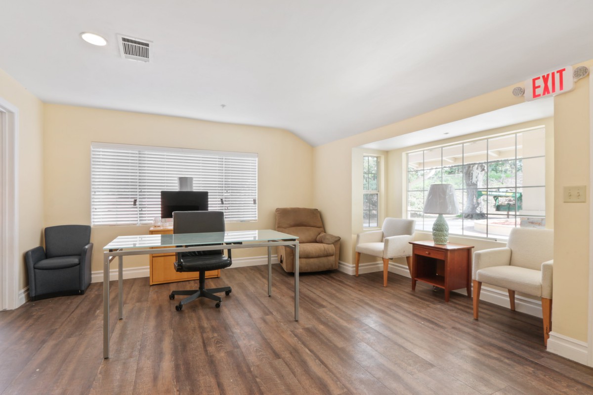 A spacious office workspace with a modern desk, chair, and computer monitor, featuring large windows and wood flooring.
