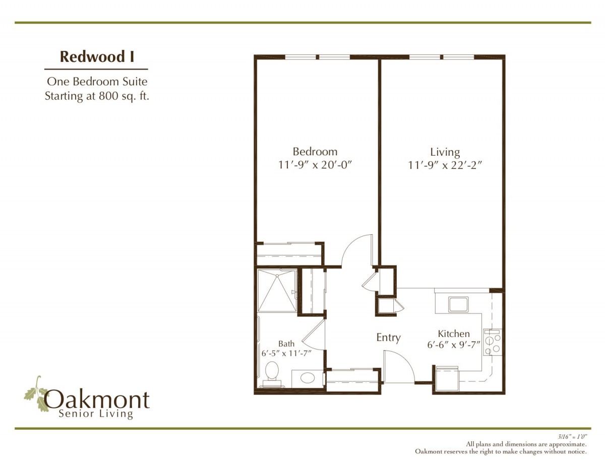 A one-bedroom apartment floor plan with designated living and kitchen areas.