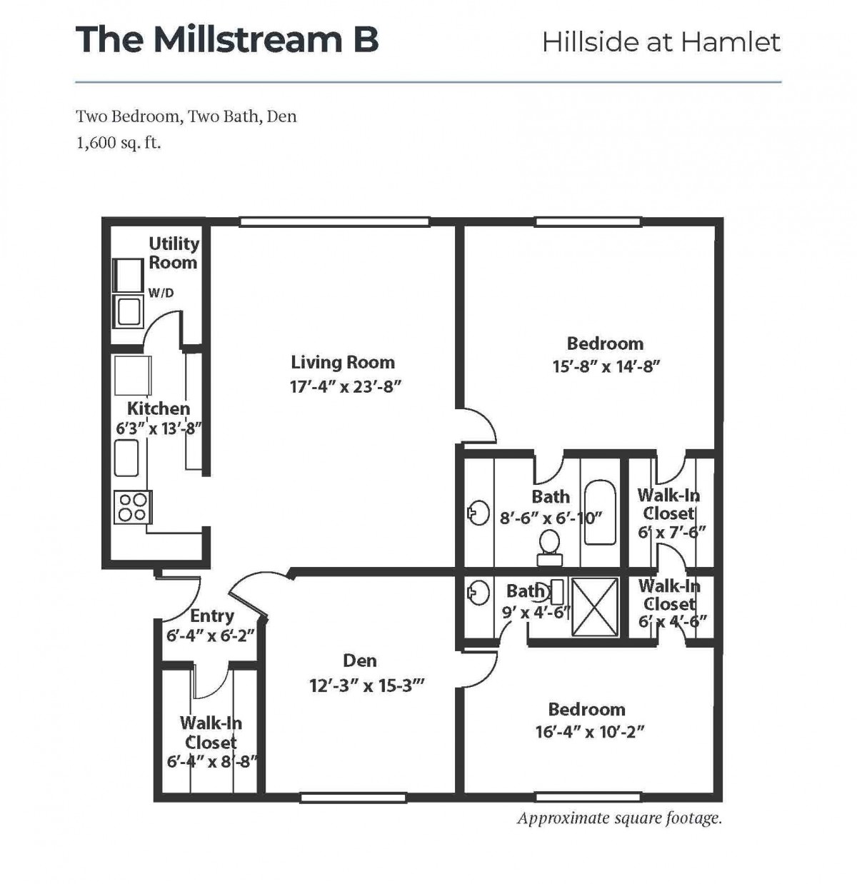 The Millstream B apartment floor plan from Hillside at Horselot, detailing room dimensions and layout.