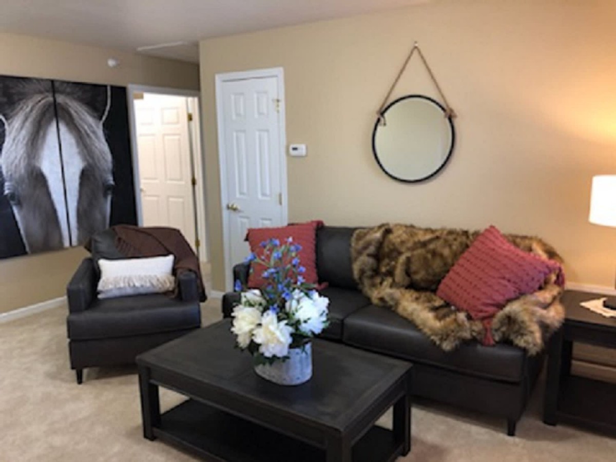 A cozy living room featuring a black leather sofa and armchair, adorned with pink pillows and a fur throw. A coffee table with a vase of flowers sits in front, while a round mirror hangs on the wall.