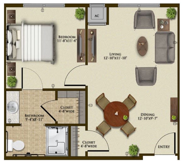 A detailed floor plan showing the layout of a one-bedroom apartment with labeled dimensions and furniture placement.