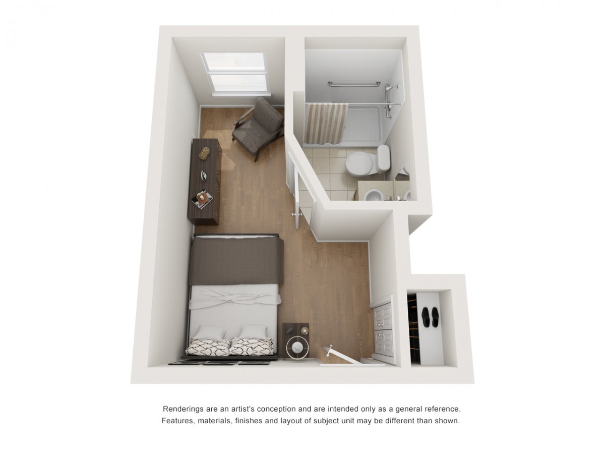 3D floor plan of a compact apartment unit featuring a bedroom, bathroom, and living space.