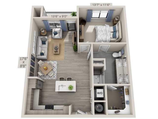 A 3D floor plan of a one-bedroom apartment featuring a kitchen, dining area, living room, bathroom, and bedroom.