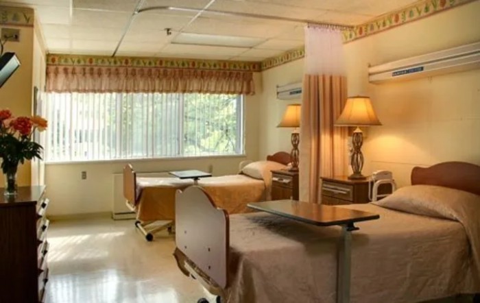 A quiet and well-lit hospital room featuring two beds separated by a curtain.