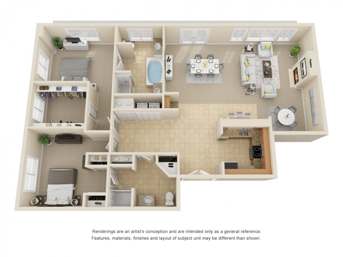 A 3D floor plan of an apartment featuring multiple rooms, including two bedrooms, a bathroom, and an open living/dining area.