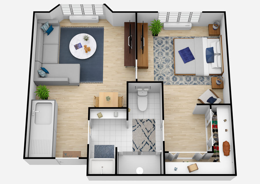 A detailed floor plan of a modern apartment featuring a living room, bedroom, kitchen, and bathroom.