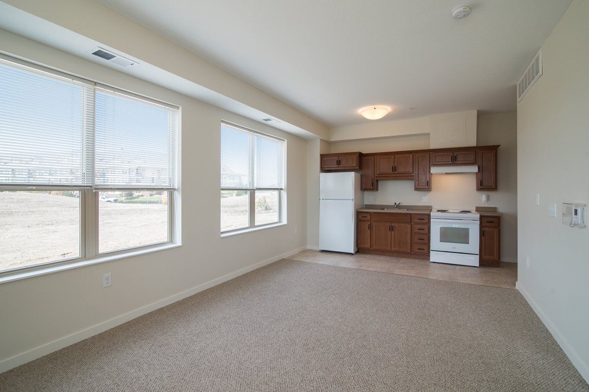Bright and spacious apartment with an open kitchen and large windows.