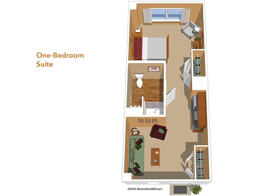 3D floor plan of a one-bedroom suite apartment layout.