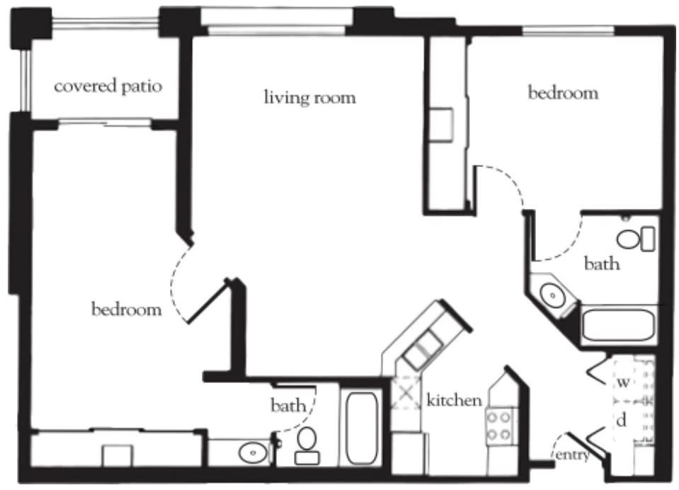 A floor plan of a two-bedroom apartment with a living room, kitchen, and bathroom.
