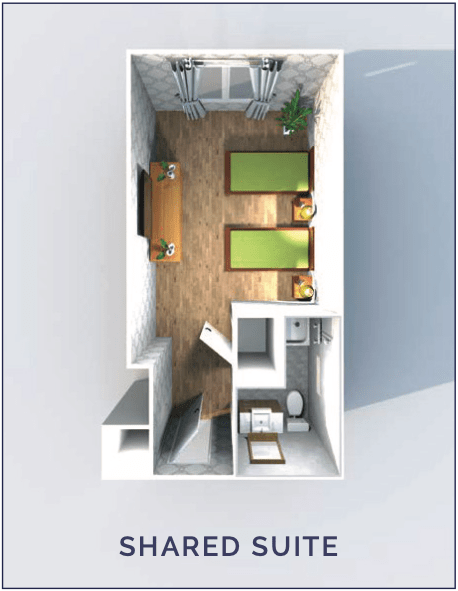A top-down view of a modern bedroom floor plan with two single beds and a small bathroom.
