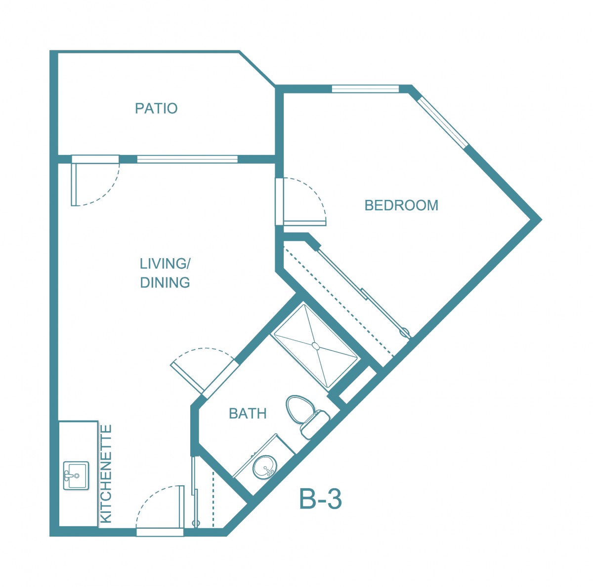 Apartment floor plan with a one-bedroom layout, including living/dining area, bathroom, and patio.