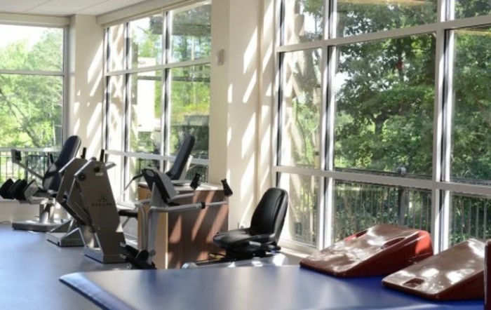 A brightly lit gym with exercise equipment positioned near large windows.