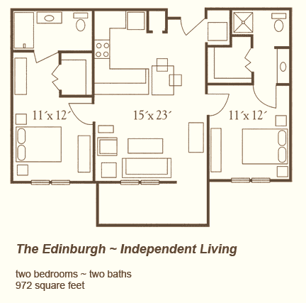 The Edinburgh Independent Living apartment floor plan with two bedrooms and two bathrooms, spanning 872 square feet.