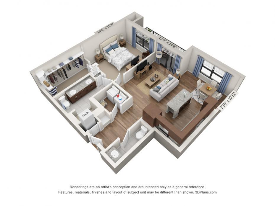 A 3D rendering of an apartment floor plan showcasing a modern interior design.