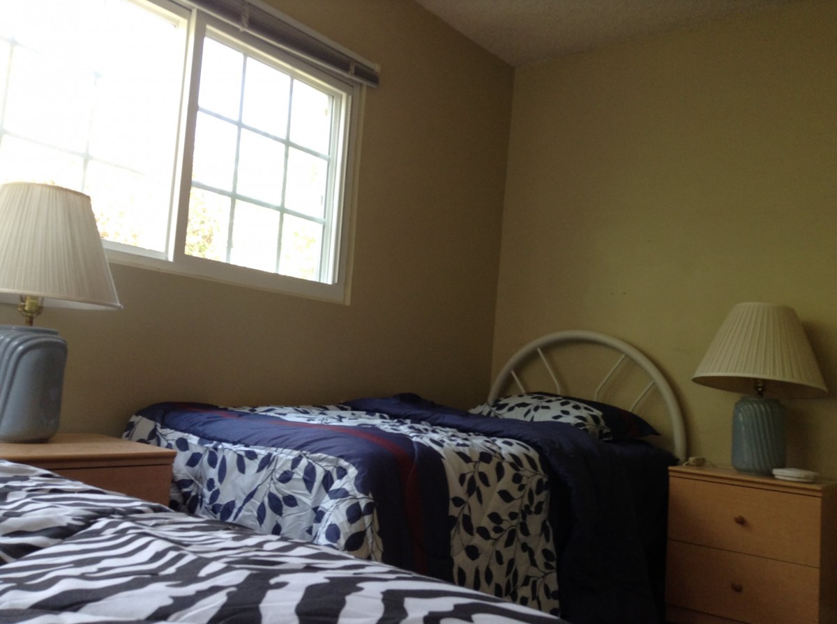 A cozy bedroom with two neatly made beds near a window.