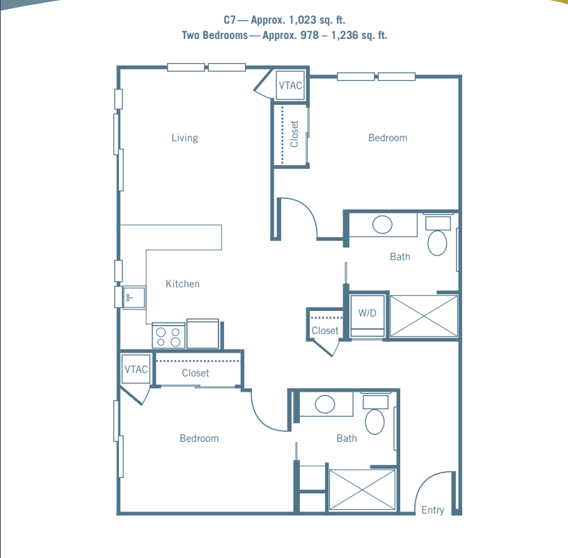 Blueprint of a two-bedroom apartment layout with labeled areas for living room and kitchen.