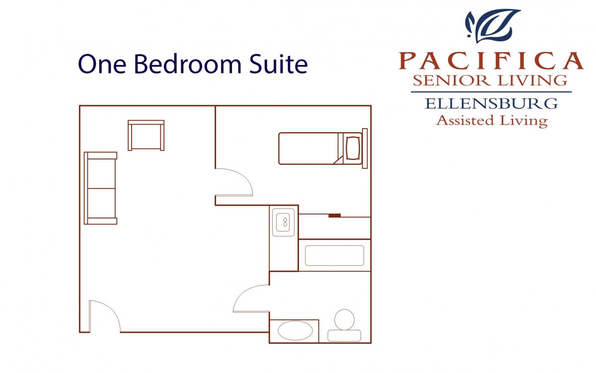 Floor plan of a one-bedroom suite at Pacifica Senior Living.