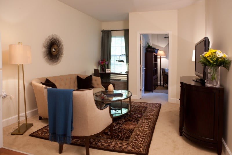 A cozy living room with a sofa, glass coffee table, and decorative rug.