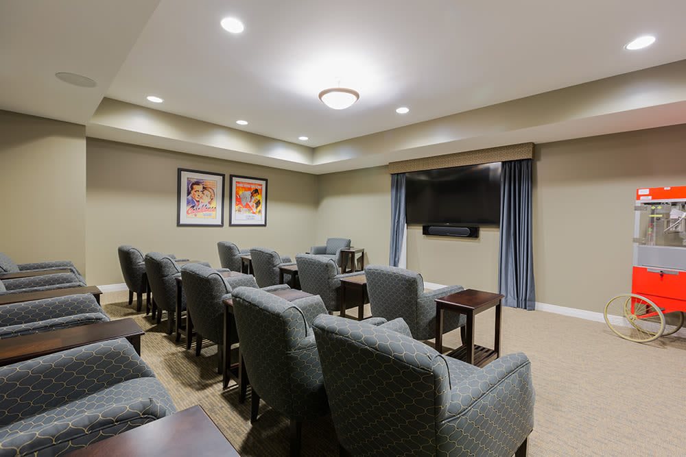 A cozy home theater setup with rows of comfortable chairs facing a large television, adorned with simple decor and soft lighting.