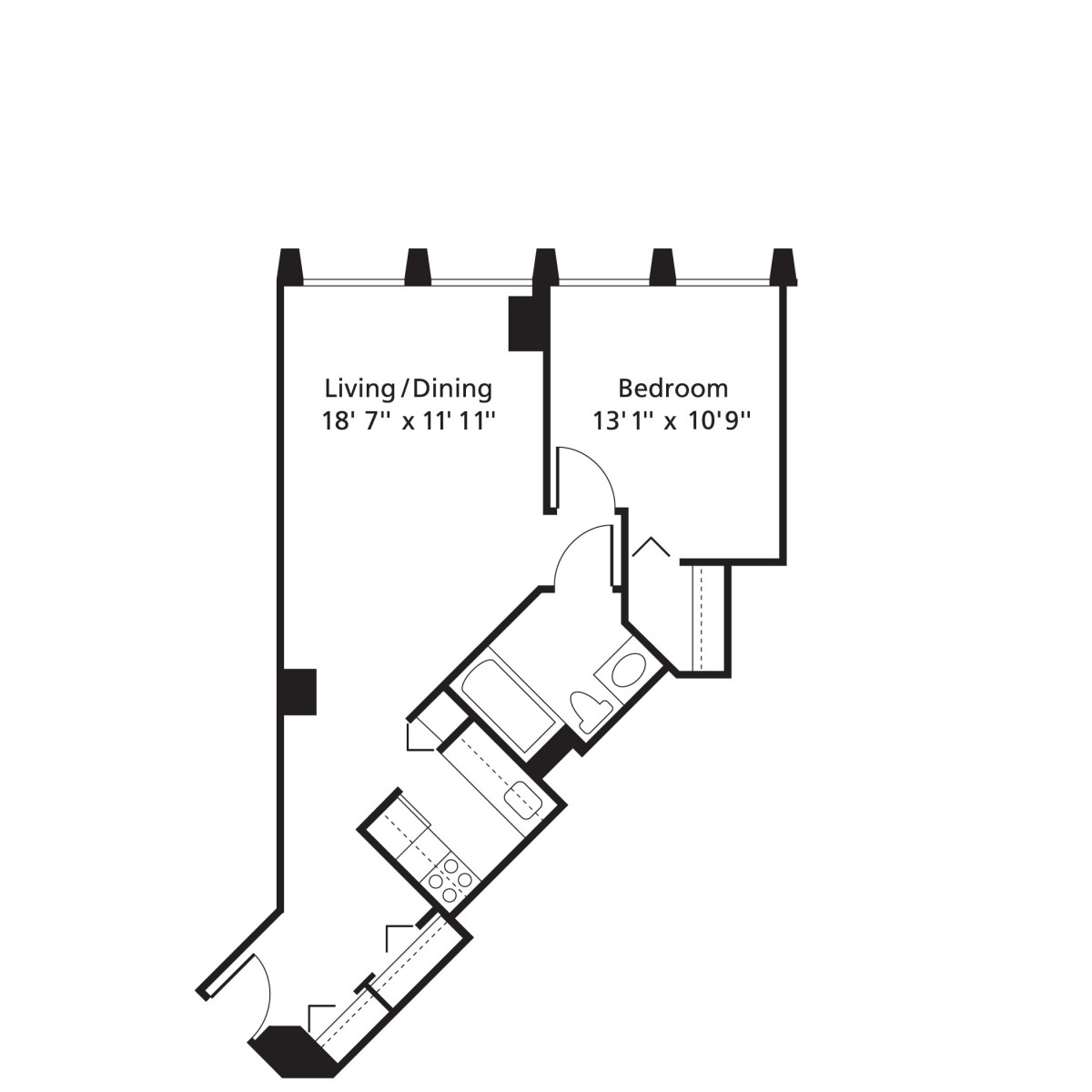 An architectural floor plan showcasing the layout of a one-bedroom apartment.