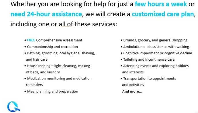 A flyer detailing various customizable home care and personal assistance services.