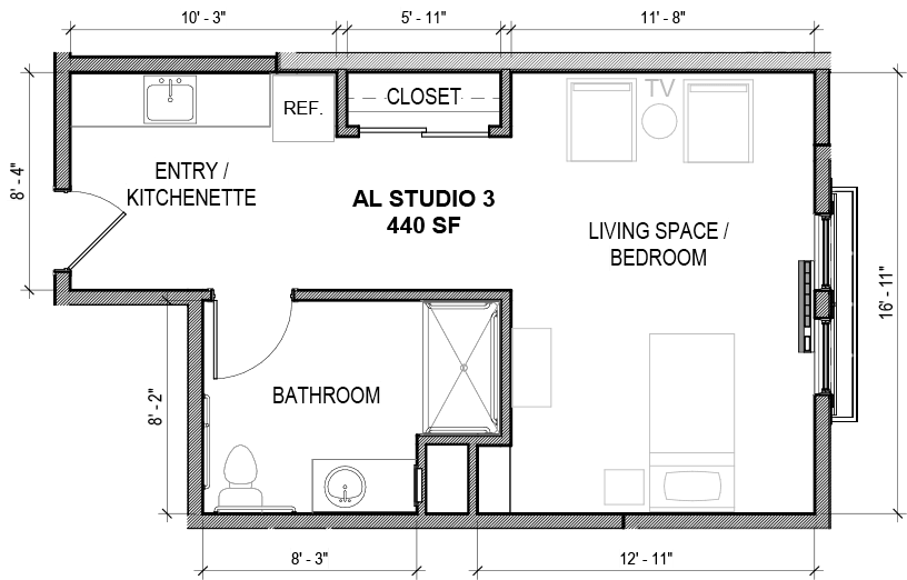 A floor plan depicting the layout of an apartment with a living space, kitchenette, bathroom, and closet.