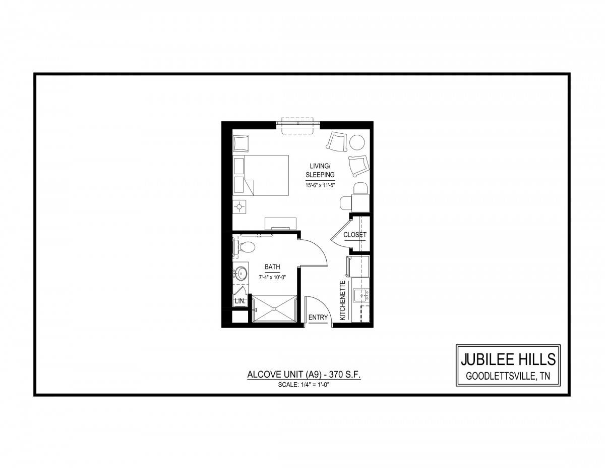A floor plan of a studio apartment showing layout and room arrangement.