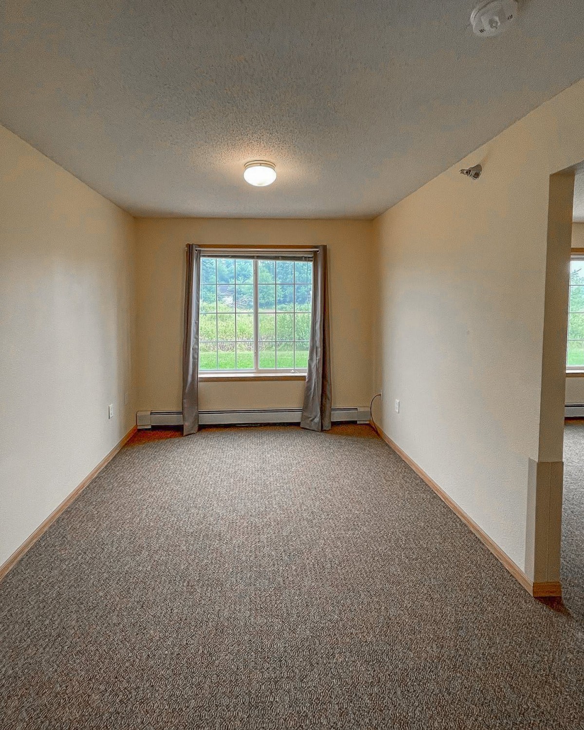 An empty room with a carpeted floor, featuring a large window with curtains and neutral-colored walls.