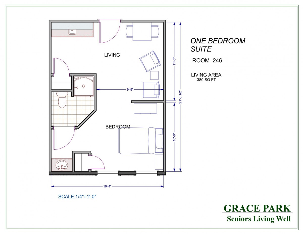 Floor plan of a one-bedroom suite with a living area, kitchen, and bathroom at Grace Place Senior Living.