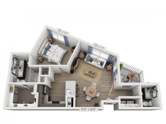 A 3D floor plan of a one-bedroom apartment featuring a living room, kitchen, and balcony.