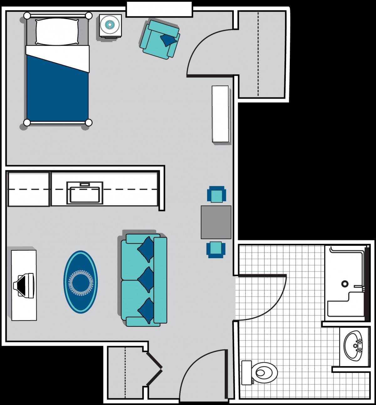 Illustration of a one-bedroom apartment floor plan showing furniture placement and room layout.