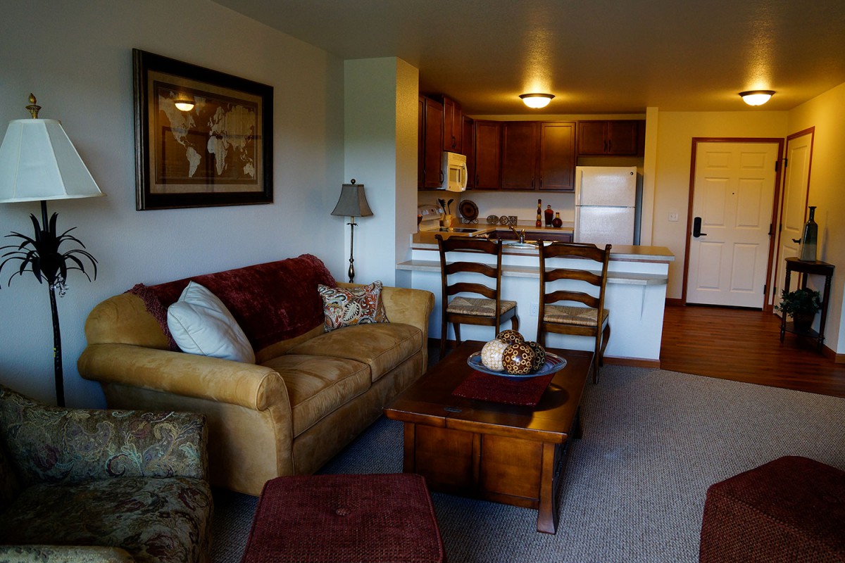 A cozy living room with a sofa, coffee table, and open kitchenette.