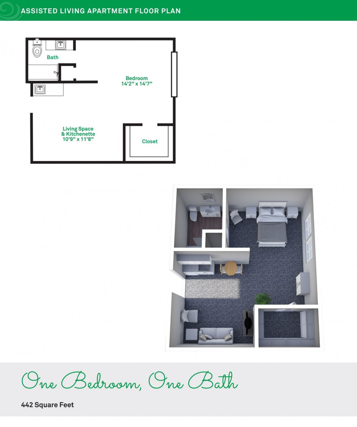 3D rendering and floor plan of a one-bedroom, one-bathroom apartment layout.