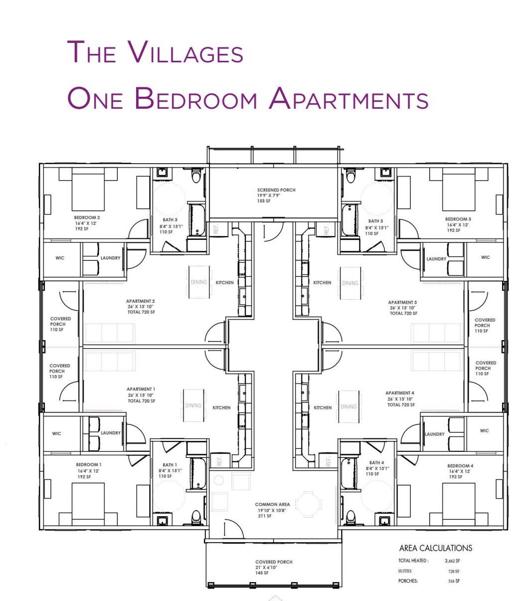 Floor plan for The Villages one-bedroom apartments.