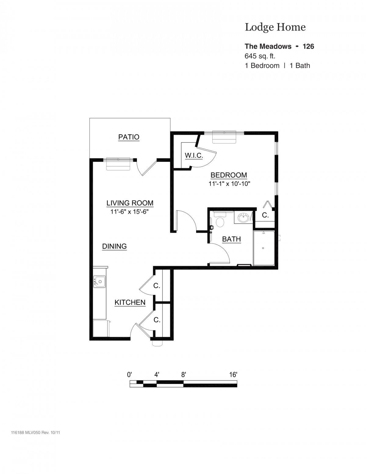 A 1-bedroom, 1-bathroom apartment floor plan with a kitchen and living room.
