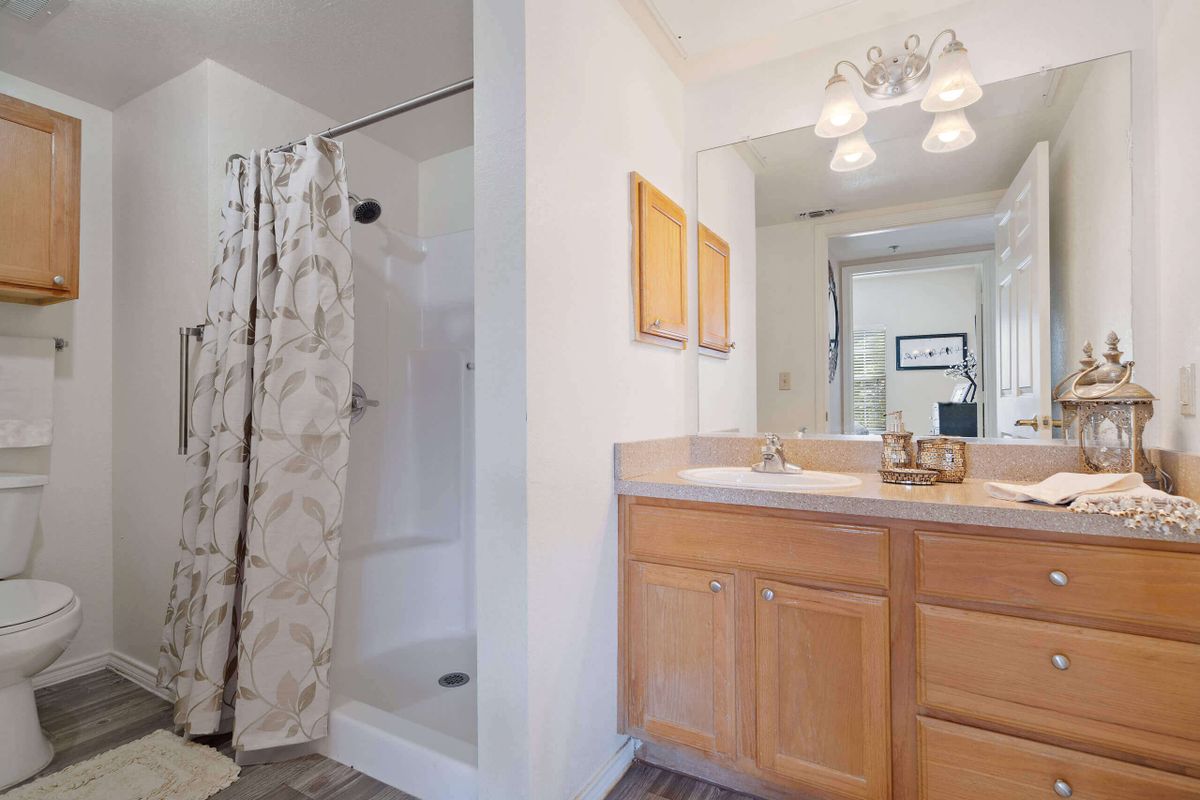 A well-lit bathroom with a shower and a wooden vanity featuring a sink and mirror.