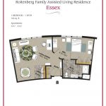 Floor plan of a 1-bedroom assisted living residence, featuring a kitchen, living area, and bathroom.