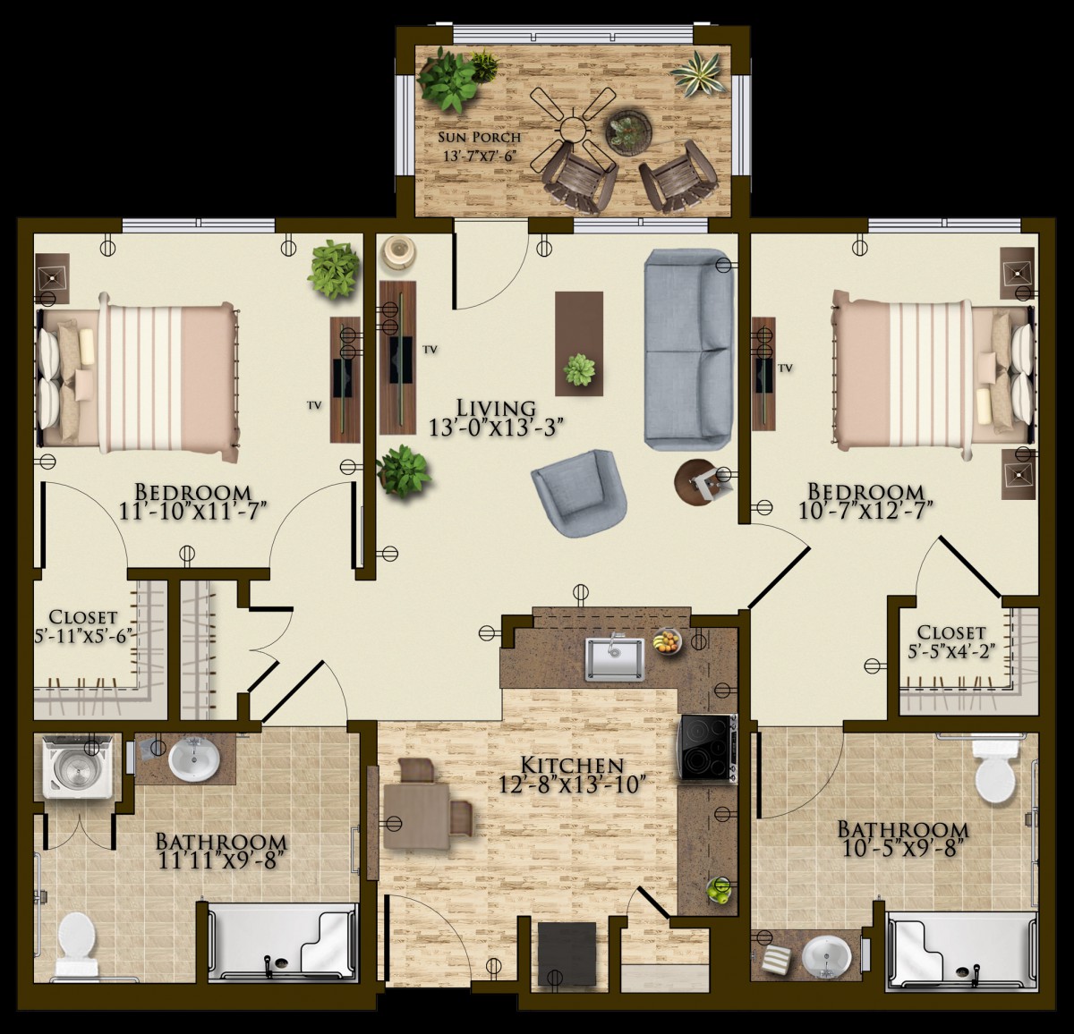 A detailed floor plan featuring two bedrooms, a living room, kitchen, bathrooms, and a balcony.